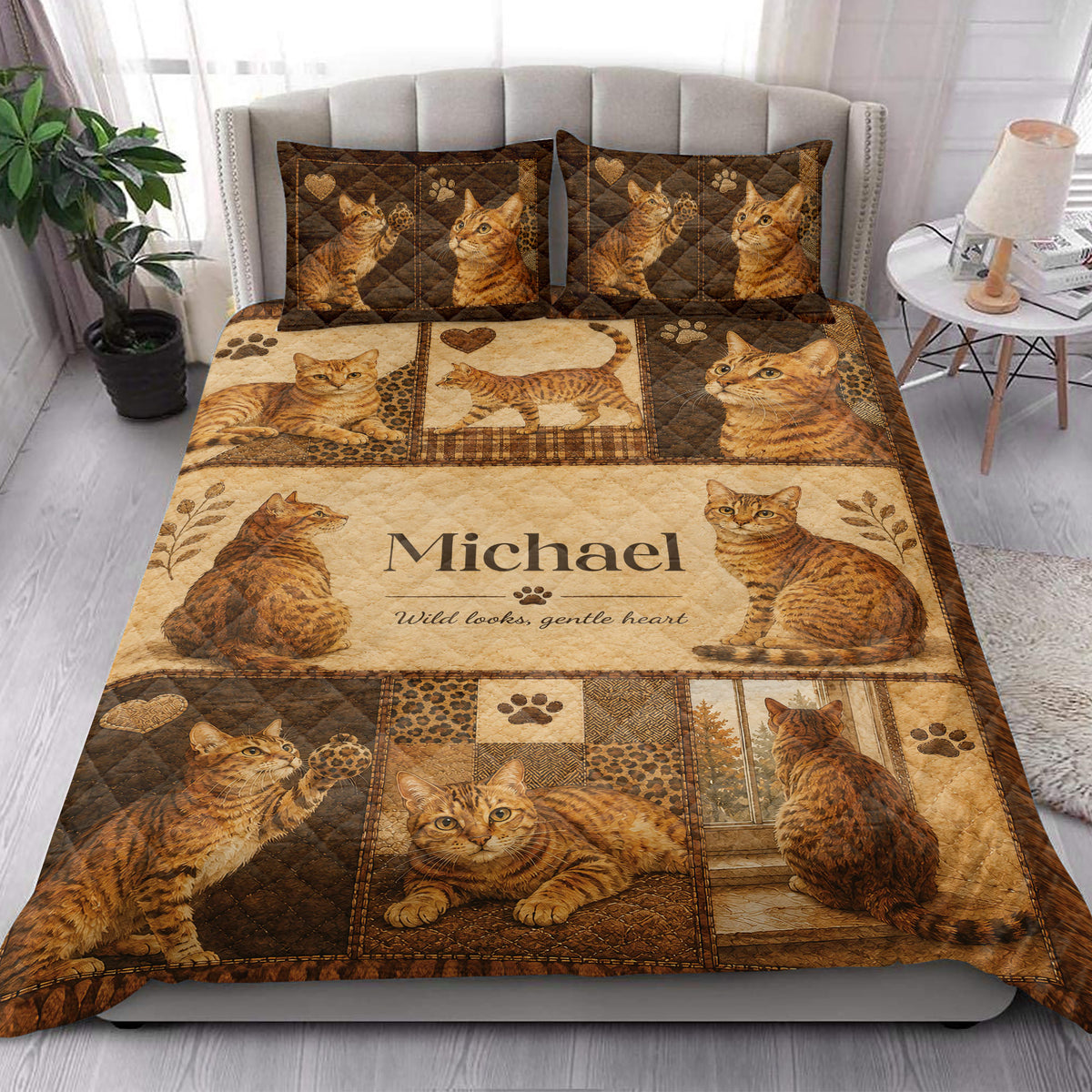 Bengal cat quilt blanket styled on a bed with matching cat artwork, warm brown tones, and rustic bedroom decor