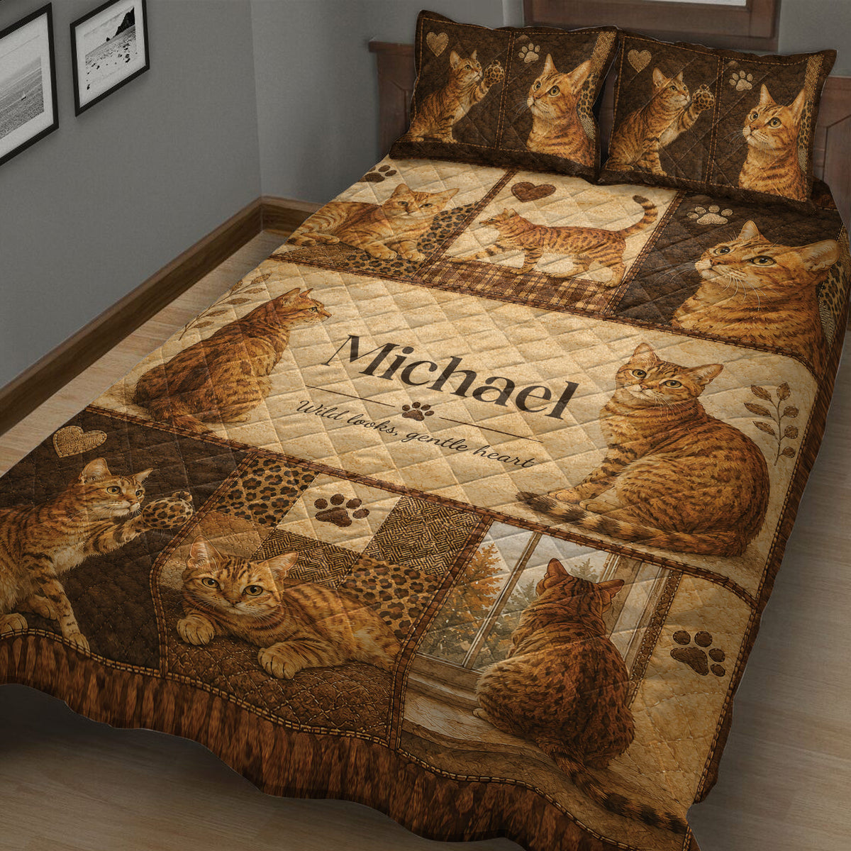 Close bedroom view of a Bengal cat quilt blanket featuring spotted cat portraits, paw prints, and rustic patchwork panels