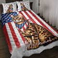 Bengal cat quilt blanket displayed on a bed with patriotic stars and stripes artwork