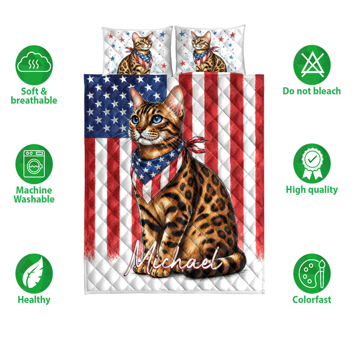 Bengal cat quilt bedding set shown with red, white, and blue artwork and feature icons