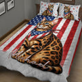 Patriotic Bengal cat quilt blanket displayed on a bedroom bed with star and stripe design