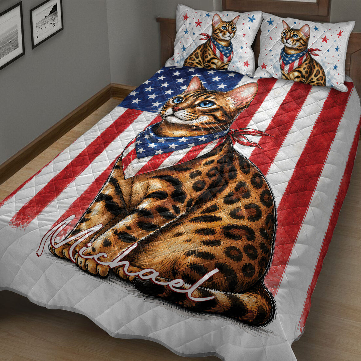 Patriotic Bengal cat quilt blanket displayed on a bedroom bed with star and stripe design
