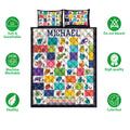 Full view of a vibrant sign language alphabet quilt bedding set with colorful hand signs and patterned squares