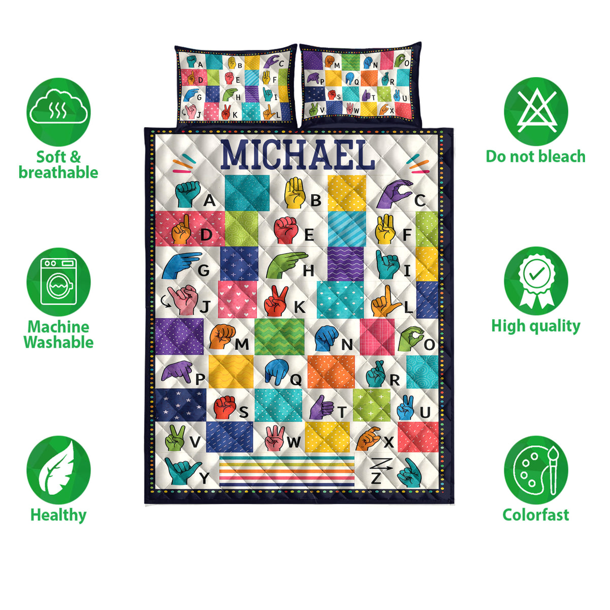 Full view of a vibrant sign language alphabet quilt bedding set with colorful hand signs and patterned squares