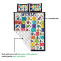 Sign language alphabet quilt showing the printed front and white quilted backing detail
