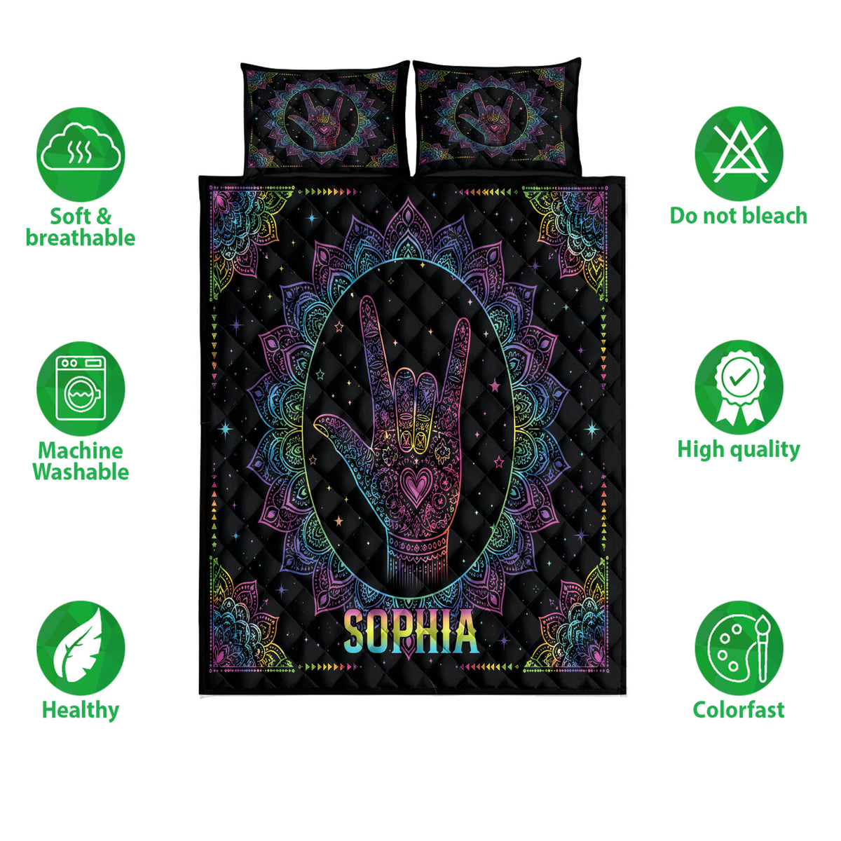 Sign language quilt bedding set with colorful hand design, black background, and feature icons