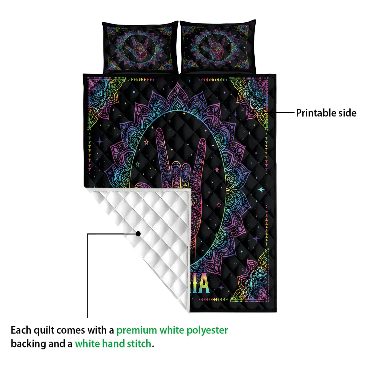 Sign language quilt showing the vibrant printed front and white diamond-stitched backing