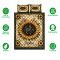 Sign language sunflower quilt bedding shown with care icons and soft, breathable product highlights