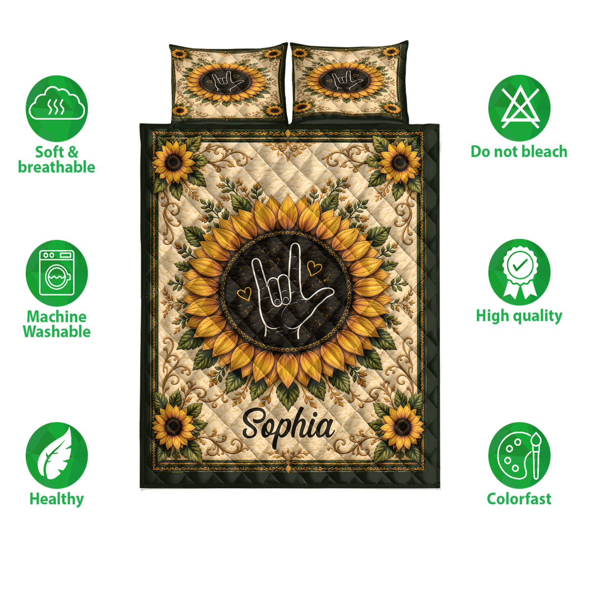 Sign language sunflower quilt bedding shown with care icons and soft, breathable product highlights