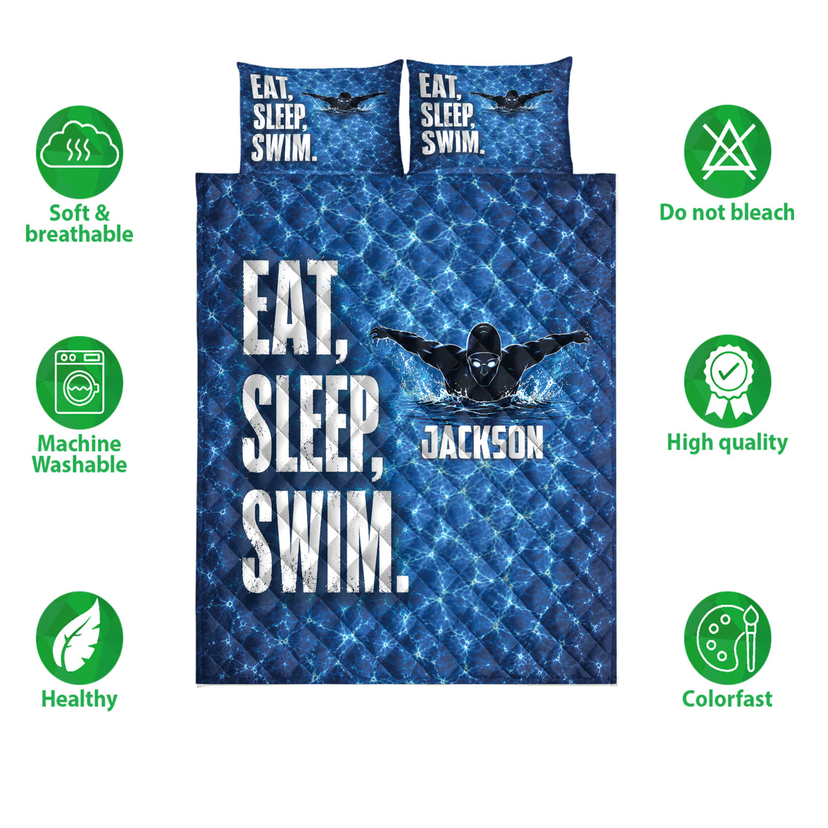 Swimming quilt blanket displayed with swimmer artwork, pool-water design and product feature icons