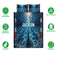 Swimming pool lane quilt bedding set shown with soft breathable and care feature icons