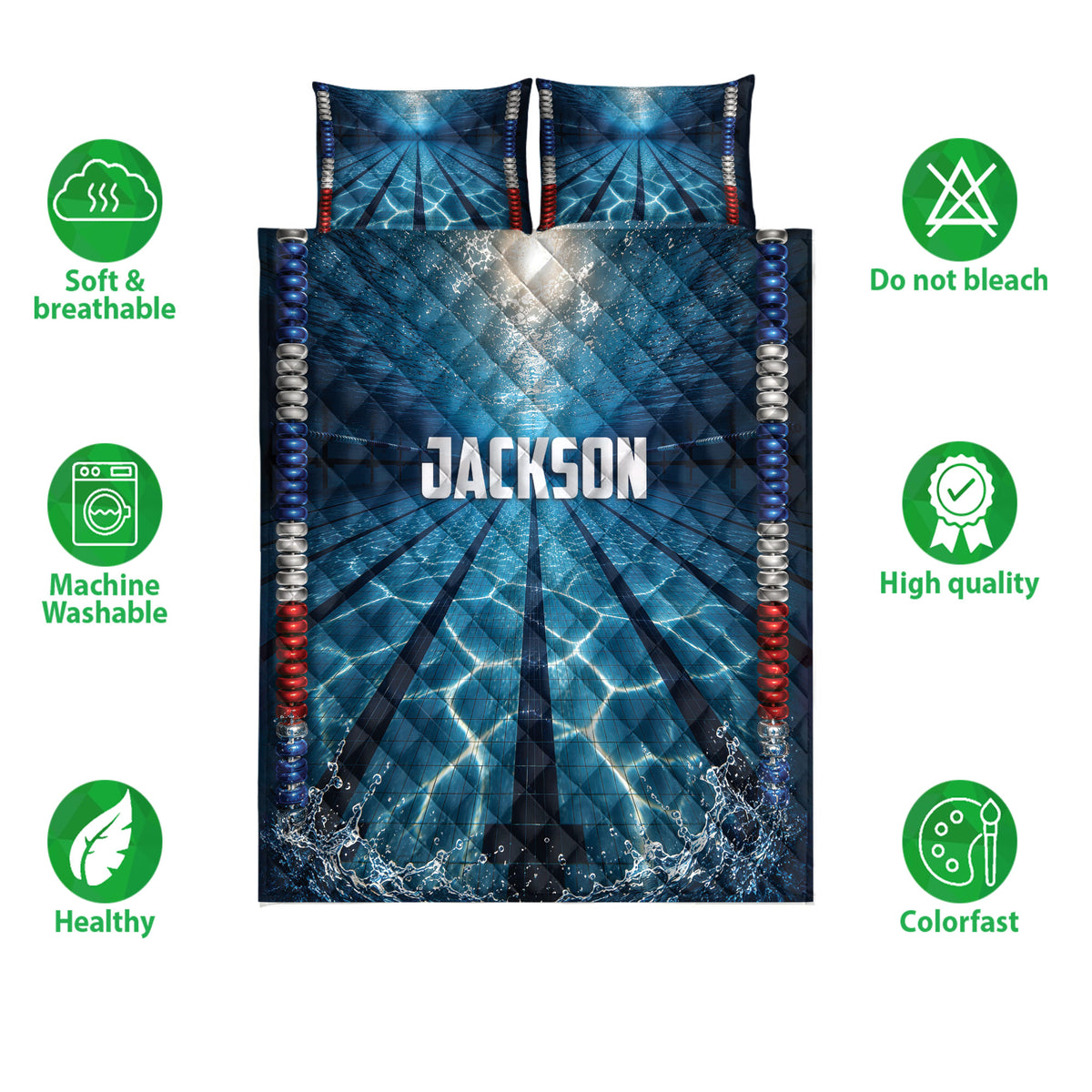 Swimming pool lane quilt bedding set shown with soft breathable and care feature icons