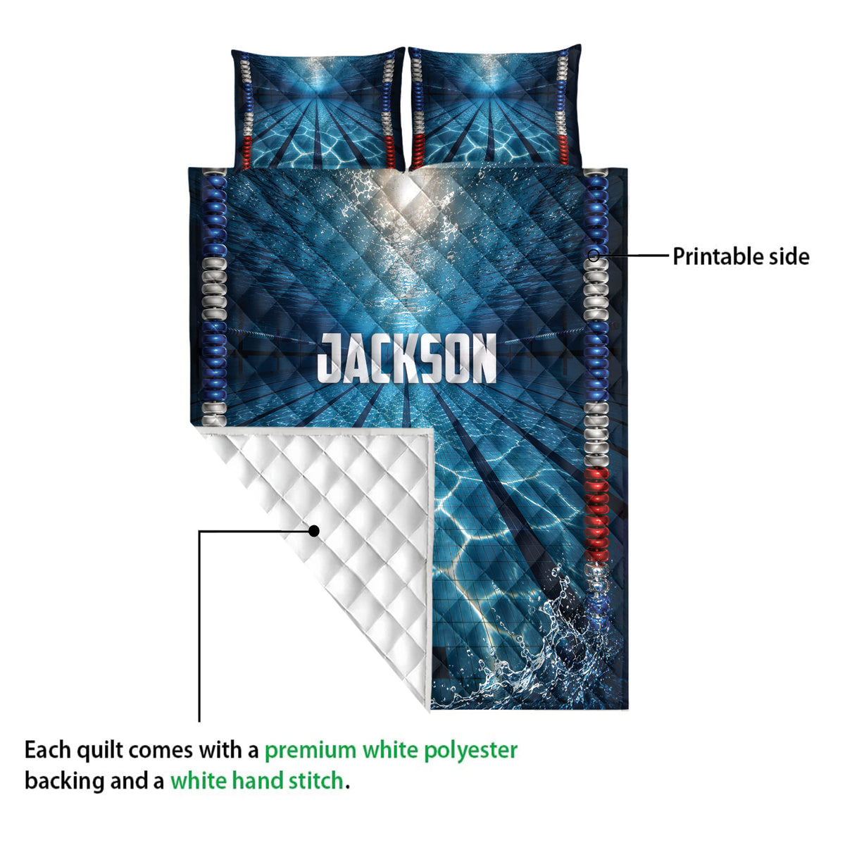 Blue swimming quilt showing the printed pool lane side and white quilted backing detail