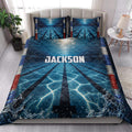 Swimming-themed blue quilt blanket styled in a bright bedroom with pool lane and water splash artwork