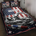 Swimming quilt blanket displayed on a bed with swimmer artwork, American flag colors, stars, and water splashes