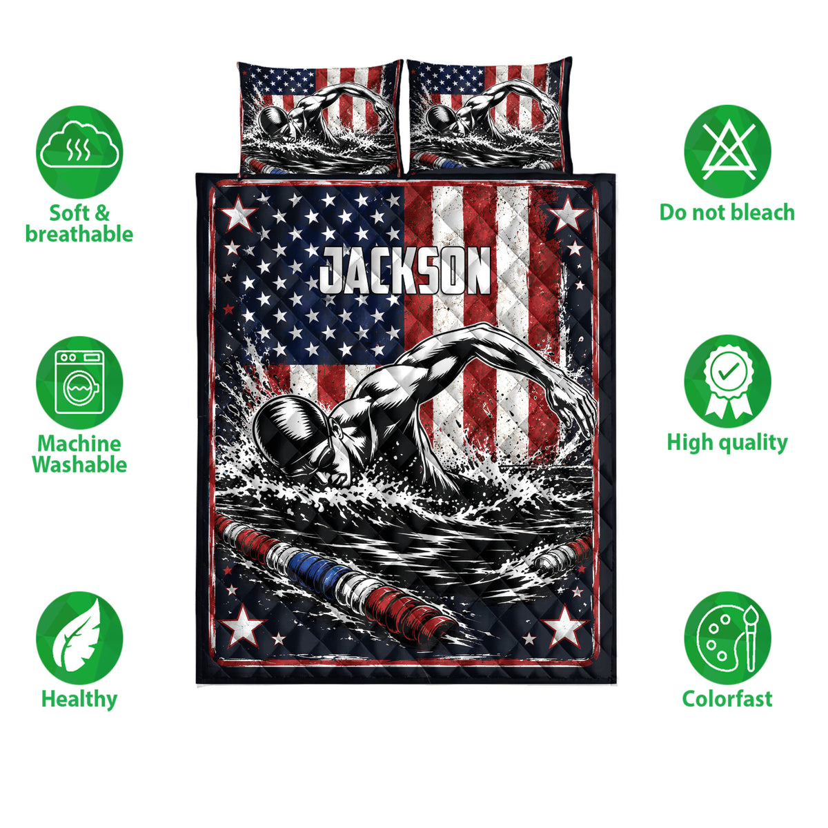 Swimming quilt bedding set shown with swimmer artwork, patriotic colors, and product feature icons