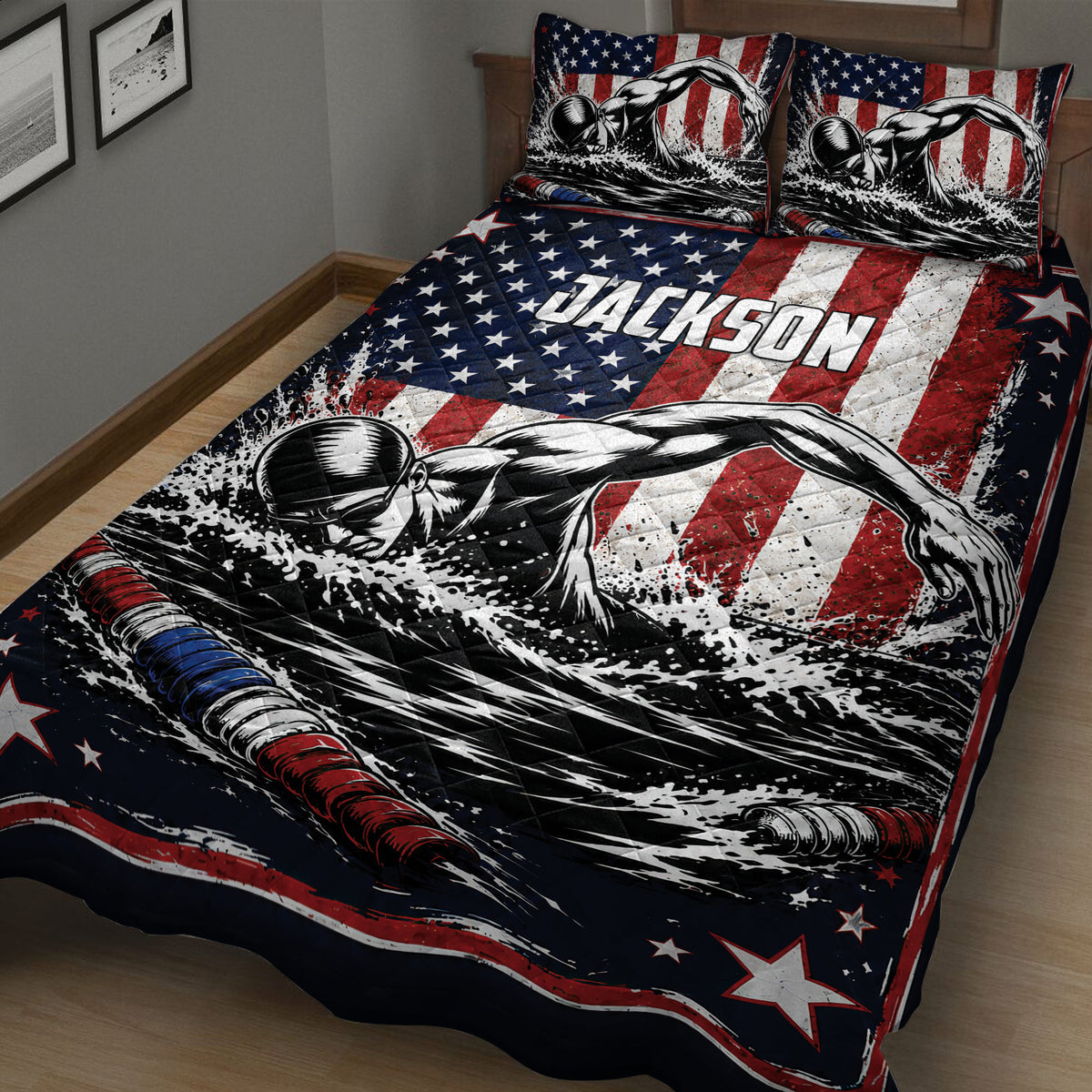 Close bedroom view of a swimming quilt blanket featuring a freestyle swimmer, stars, and dramatic water artwork