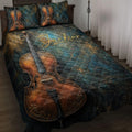 Cello quilt blanket spread across a bed with ornate teal, black, and bronze musical artwork
