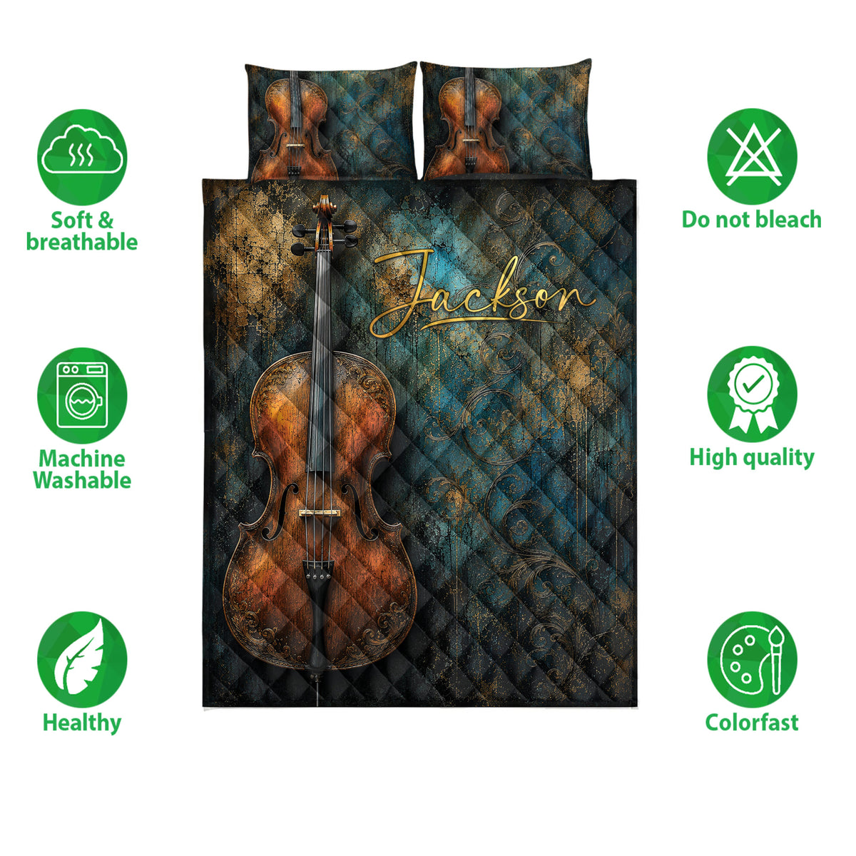 Cello quilt bedding set displayed with matching instrument artwork and product feature icons