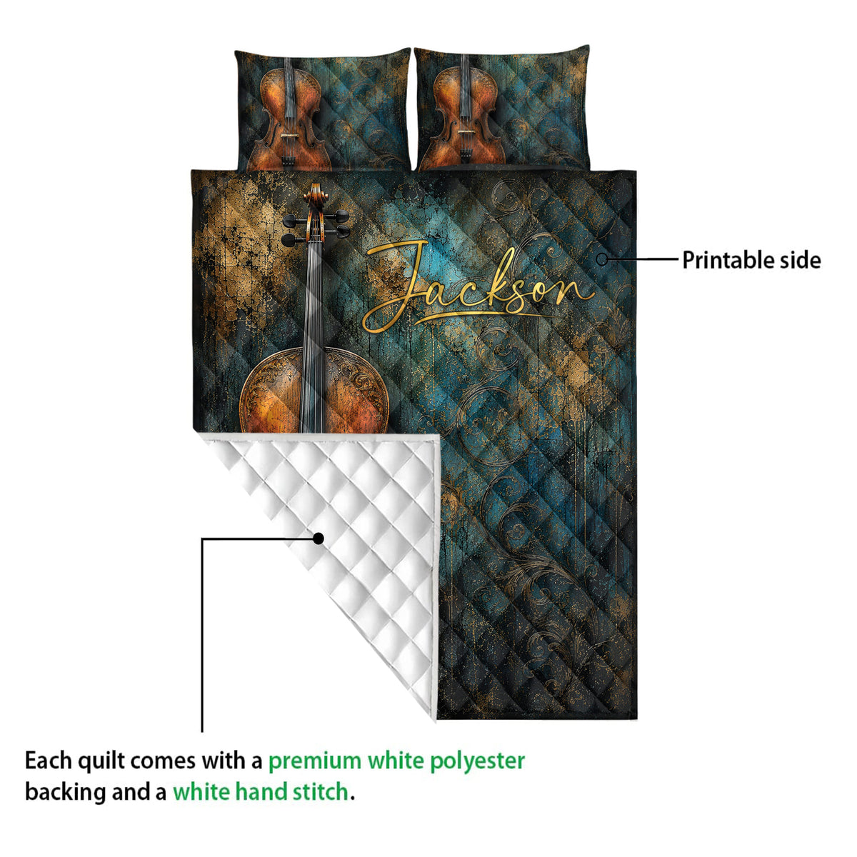 Cello quilt showing the printed front and white diamond-stitched backing detail