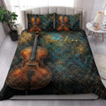 Cello quilt blanket styled on a bedroom bed with large bronze cello artwork