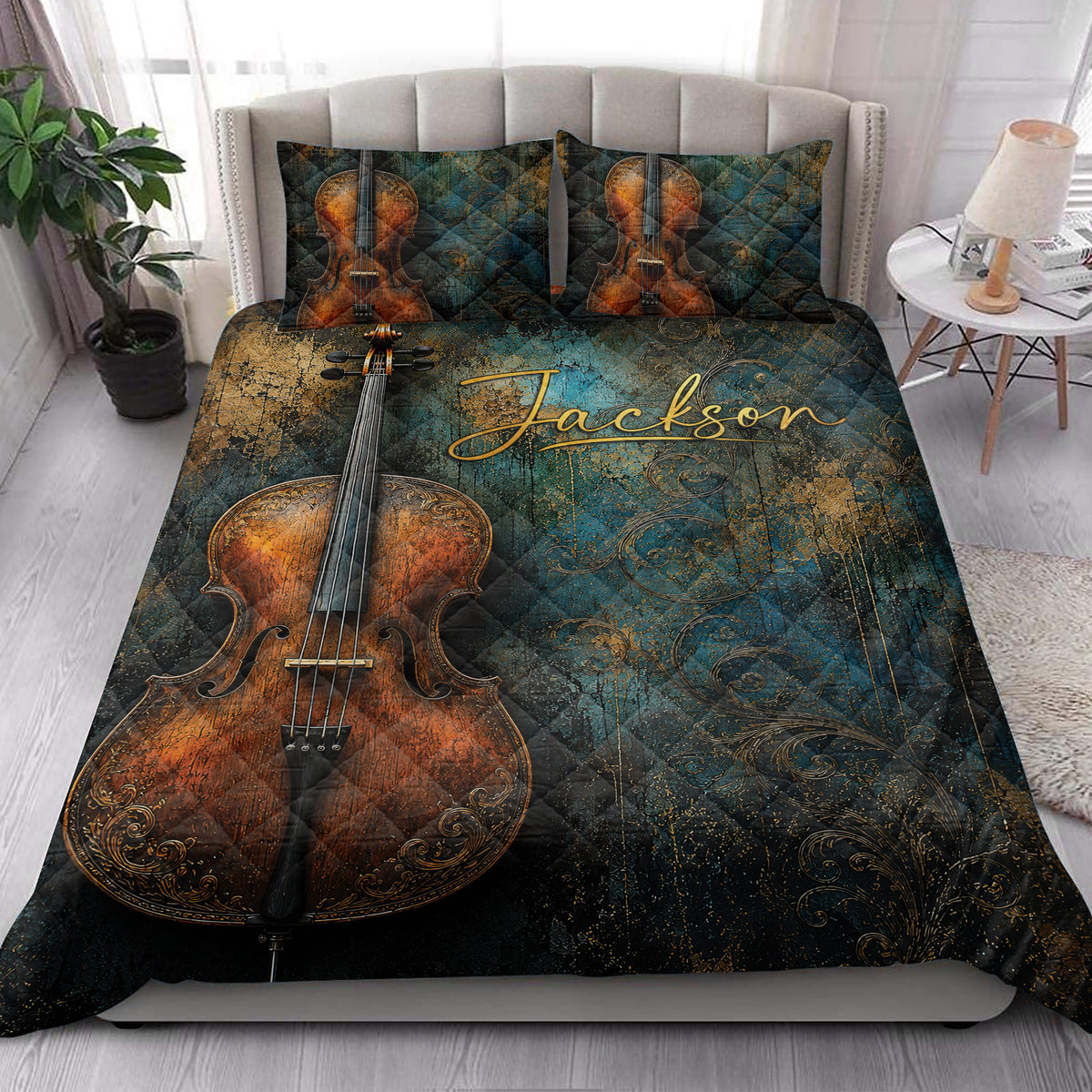 Cello quilt blanket styled on a bedroom bed with large bronze cello artwork