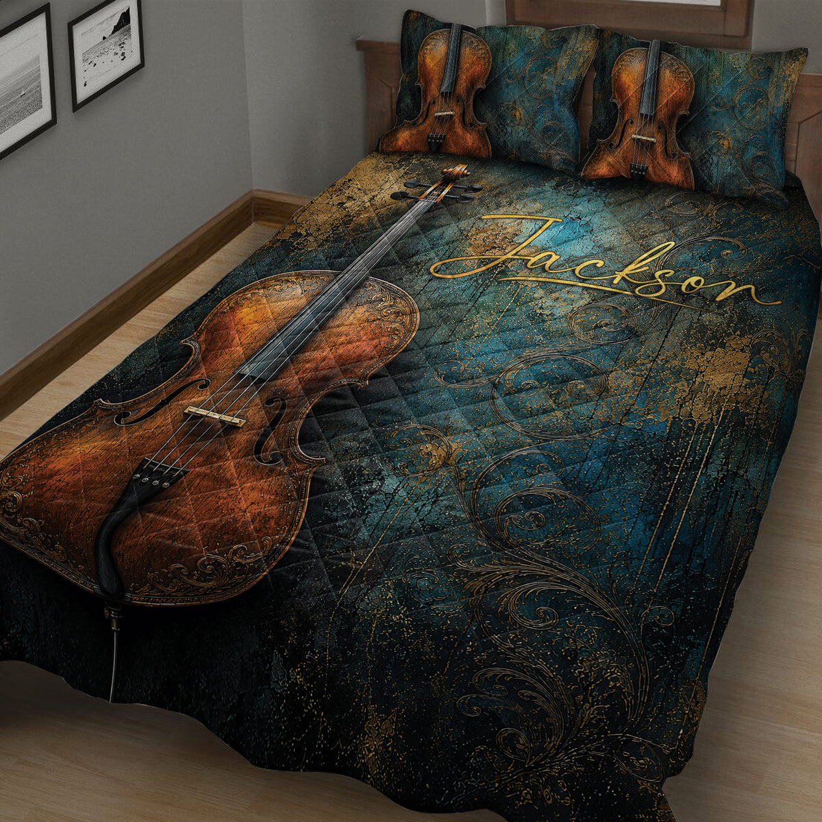 Close bedroom view of a cello quilt blanket with rich teal, black, bronze, and gold details