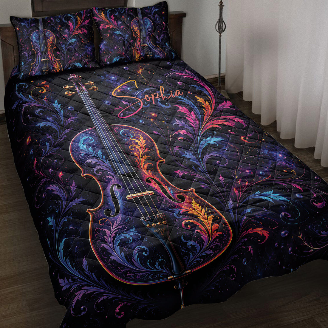 Colorful cello quilt blanket displayed on a bed with ornate floral and cosmic artwork