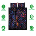 Cello quilt bedding set shown front-facing with vivid ornamental artwork and coordinating pillows