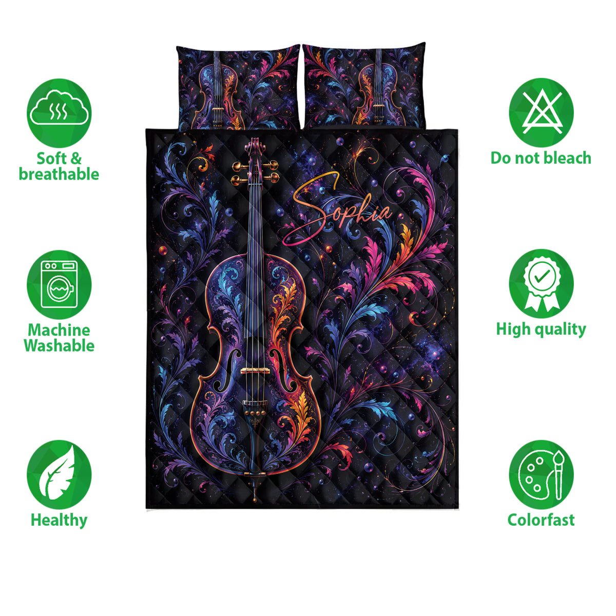 Cello quilt bedding set shown front-facing with vivid ornamental artwork and coordinating pillows