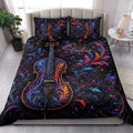Elegant cello quilt bedding styled in a bright bedroom with colorful floral details