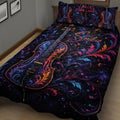Decorative cello quilt blanket displayed on a bed with vibrant purple, blue, and gold artwork
