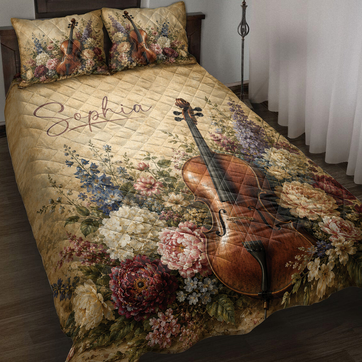 Cello quilt blanket spread across a bed with floral artwork and warm vintage-inspired colors