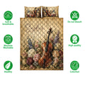 Cello quilt bedding set displayed with floral instrument artwork and product feature icons