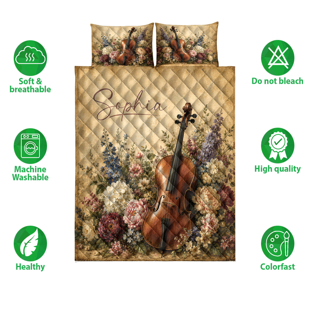 Cello quilt bedding set displayed with floral instrument artwork and product feature icons