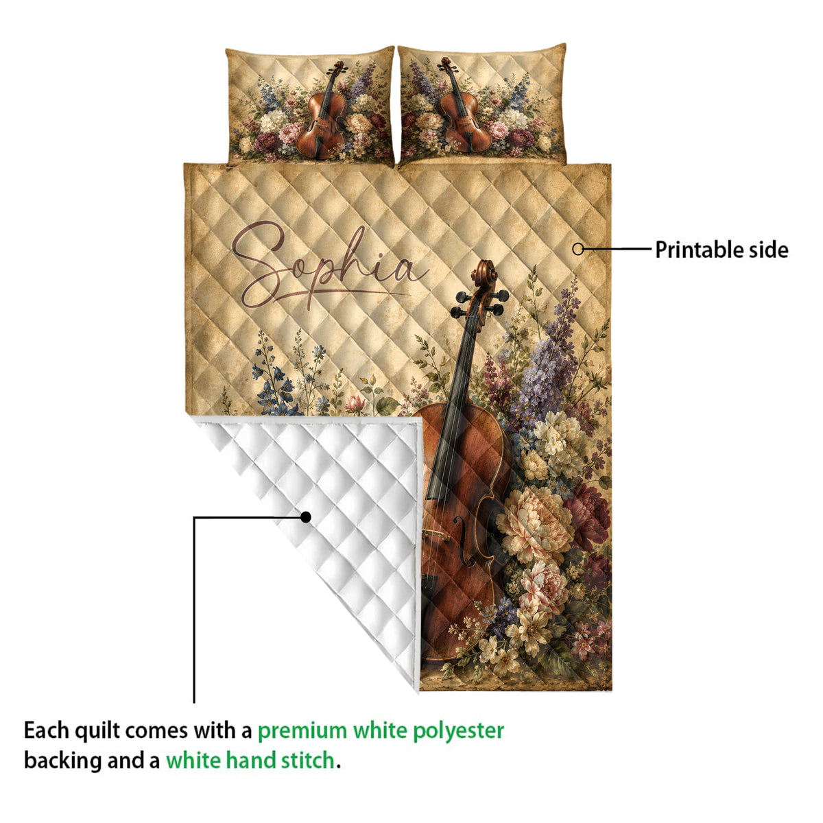 Cello quilt showing the vibrant printed front and soft white diamond-quilted backing
