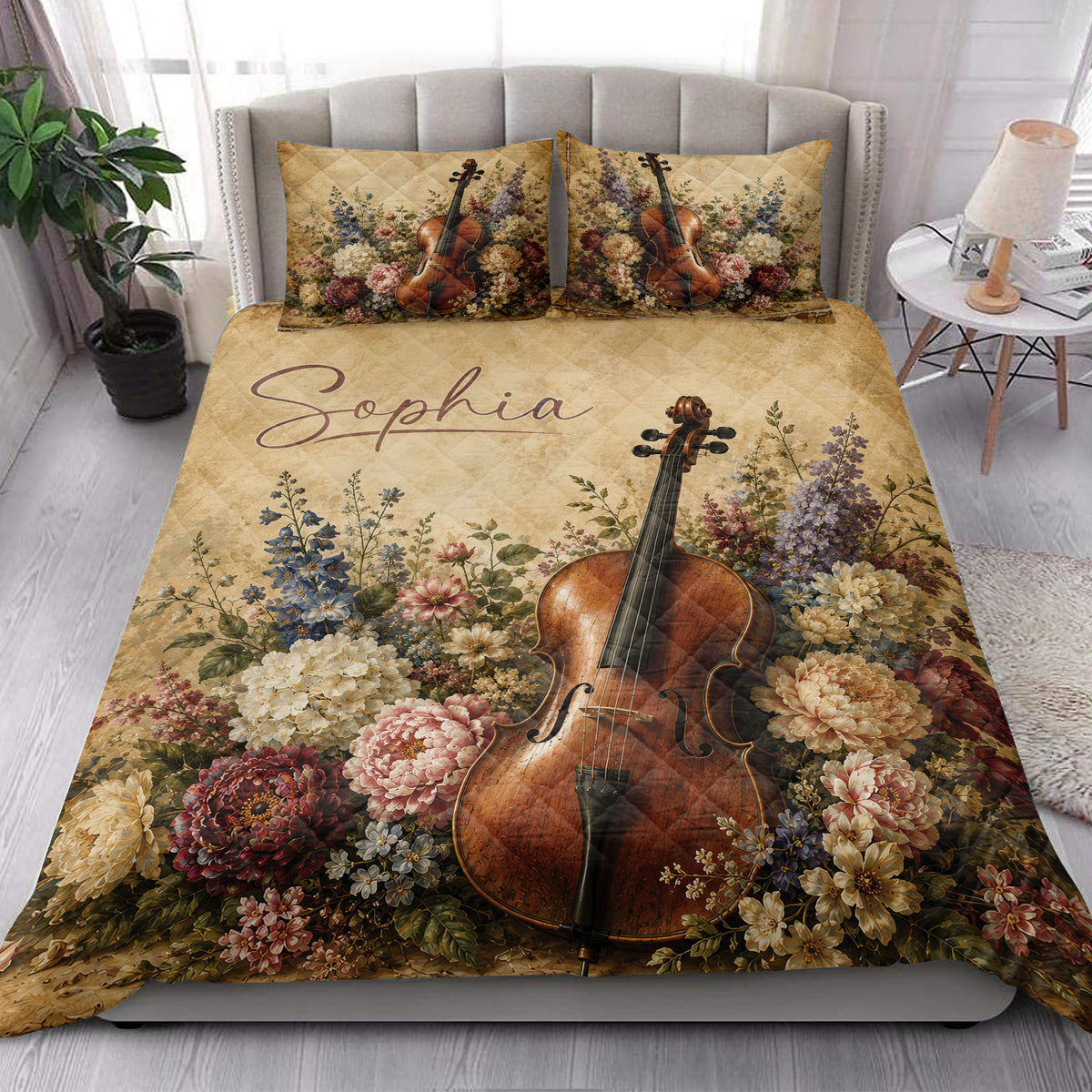 Cello floral quilt blanket styled on a modern bed in a bright bedroom