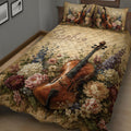 Close bedroom view of a cello quilt blanket with rich flowers and detailed instrument artwork