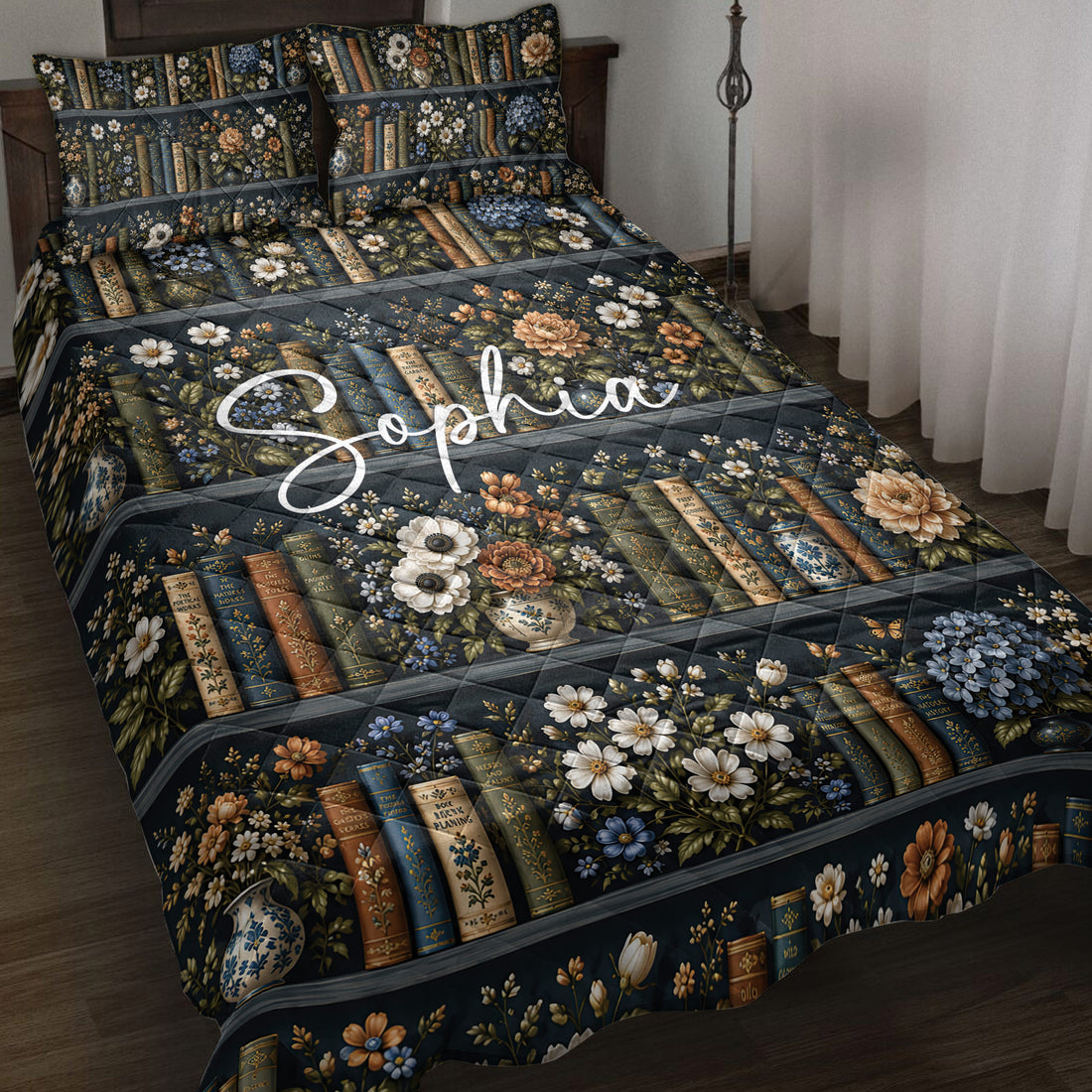 Book-themed quilt bedding set with floral bookshelves in a dark navy bedroom setting