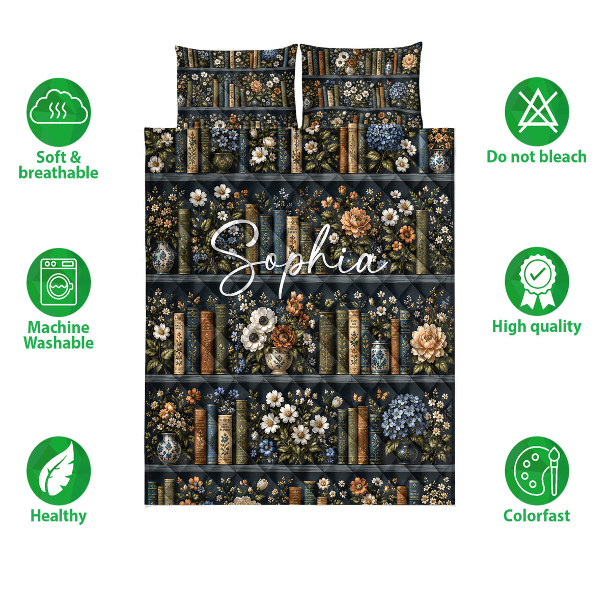 Book and flower quilt bedding displayed with pillows and soft breathable bedding features
