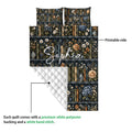Book quilt showing the printed floral bookshelf front and white quilted backing