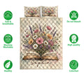 Book and wildflower quilt bedding set shown with soft breathable and colorfast product feature icons