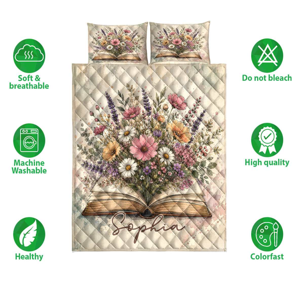 Book and wildflower quilt bedding set shown with soft breathable and colorfast product feature icons