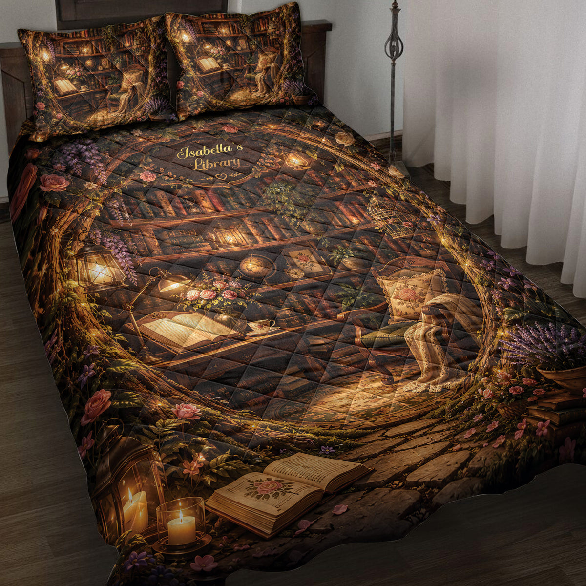 Book lover quilt bedding set displayed on a bed with vintage library shelves, open books, flowers, and lanterns