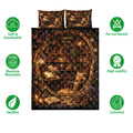 Library-themed quilt bedding set shown with open books, bookshelves, floral details, and product feature icons