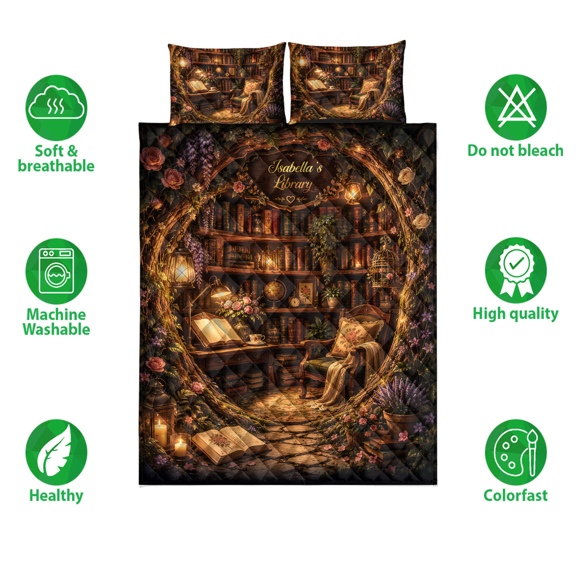 Library-themed quilt bedding set shown with open books, bookshelves, floral details, and product feature icons