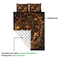 Book-themed quilt showing the printed library artwork and quilted white backing detail