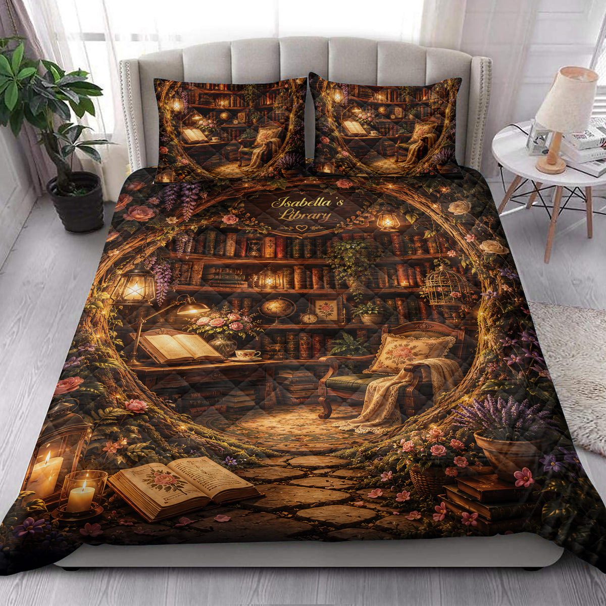 Book lover quilt blanket styled in a bright bedroom with a cozy library reading nook design