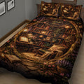 Angled view of a literary quilt blanket featuring bookshelves, open books, roses, lanterns, and a reading chair