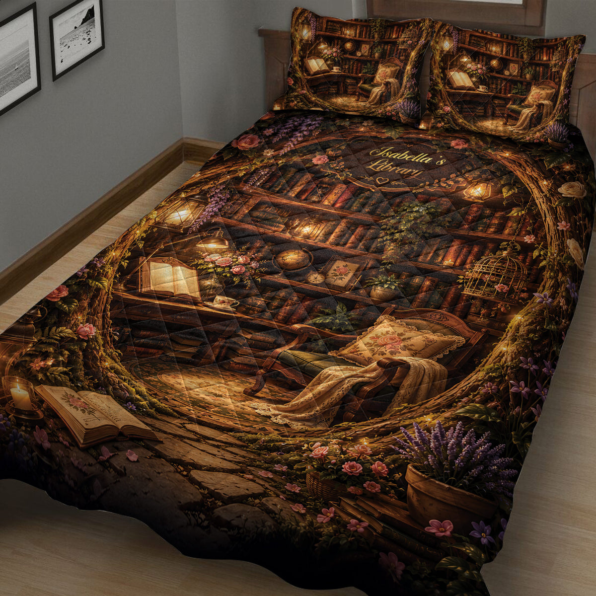 Angled view of a literary quilt blanket featuring bookshelves, open books, roses, lanterns, and a reading chair